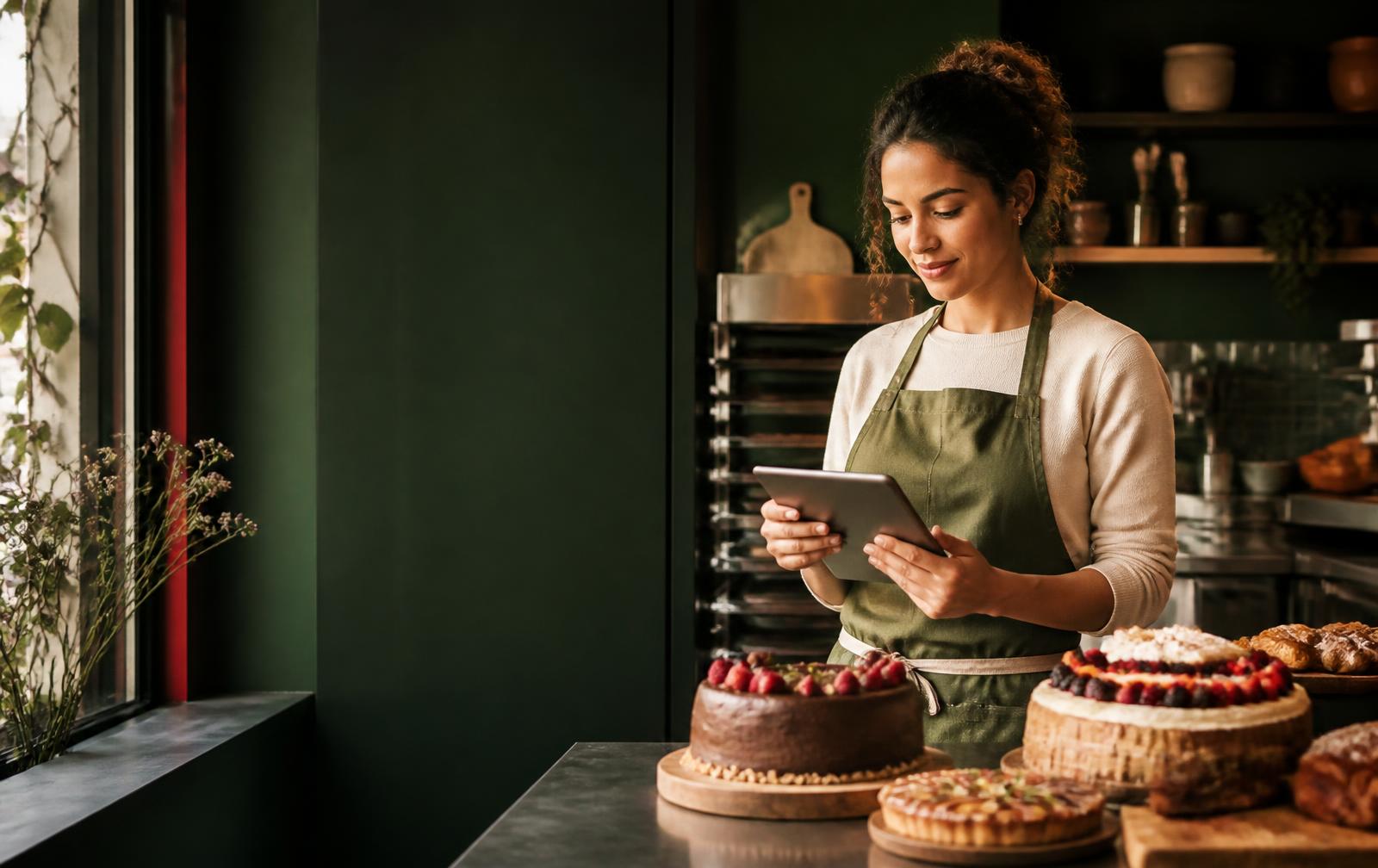 Empreendedora de confeitaria analisando seu negócio no tablet